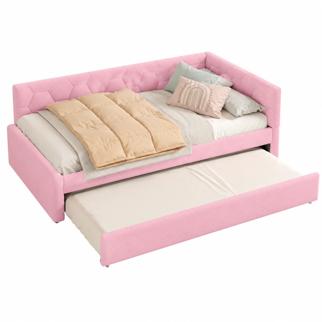 Canapé-lit 90x200cm avec Port USB et Lampe de Chevet, Convertible 1 Place avec Lit Gigogne, Sommier à Lattes, Tissu Imitation Polaire, Sans Matelas