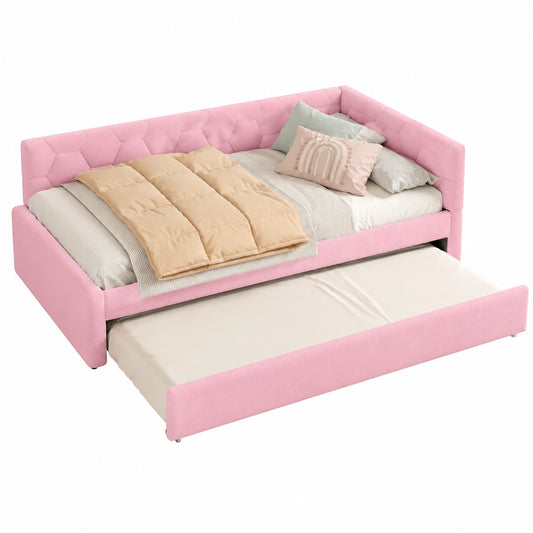 Canapé-lit 90x200cm avec Port USB et Lampe de Chevet, Convertible 1 Place avec Lit Gigogne, Sommier à Lattes, Tissu Imitation Polaire, Sans Matelas