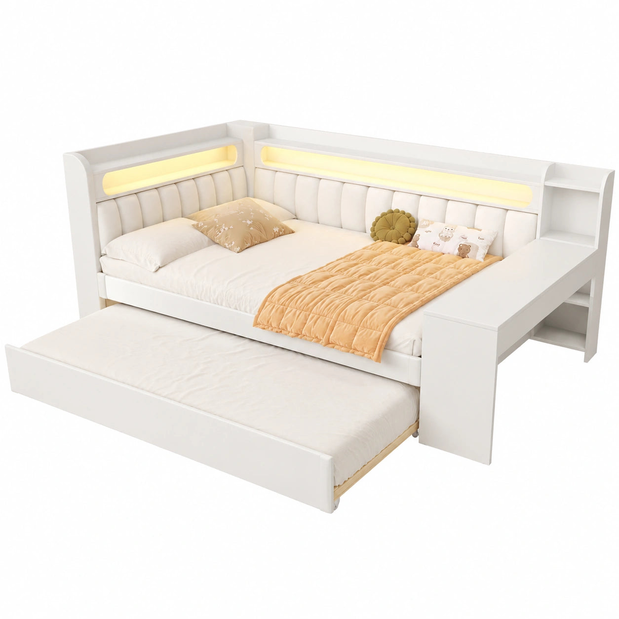 Lit multifonction 140x200cm avec ports USB, bureau et LED intégrés