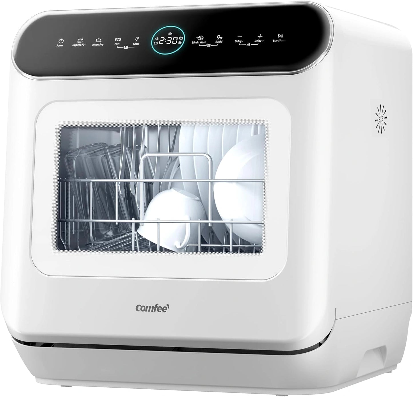 Mini Lave-vaisselle Compact COMFEE' 3 Couverts, 7 Programmes, ¨¦cran Tactile LED, Lavage ¨¤ Haute Temp¨¦rature, D¨¦marrage Programmable 24h, Ouverture Automatique, Blanc