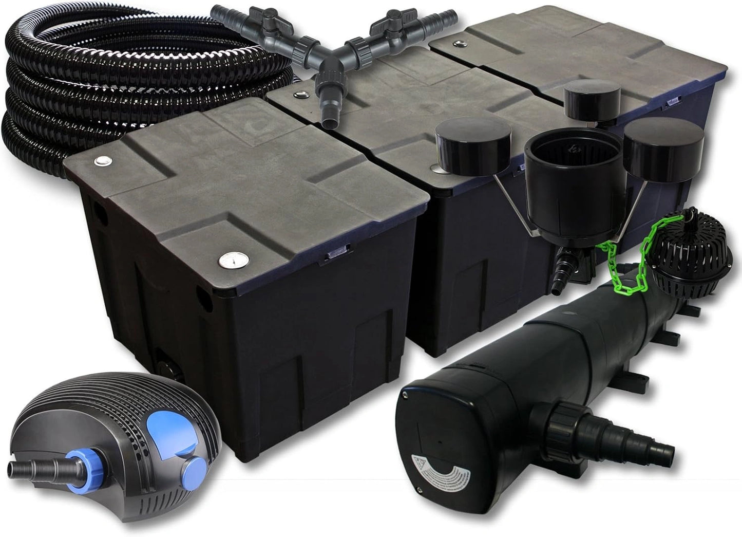 SunSun Kit de Filtration Complet pour Bassin: Filtre CBF-350C 90,000L, Pompe CTF-12000 12,000L/h, Lampe UV CUV-272 72W, Tuyau de 25m, ¨¦cumeur CSP-250 2,500L/h, Y-Distributeur