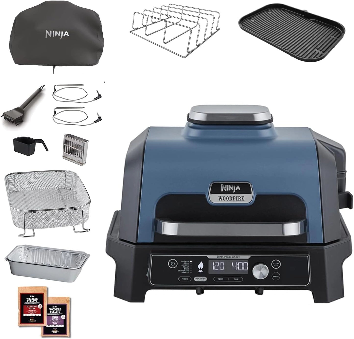 Barbecue ¨¦lectrique Ninja Woodfire Pro XL avec Fumoir et Application, Accessoires Complets, 7-en-1, Bleu et Noir