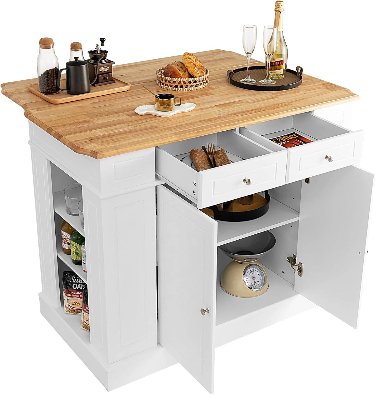 Chariot de Cuisine Blanc avec Plateau en Bois et Rangement Multifonction