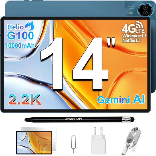 Tablette 14 Pouces TECLAST T70, Gaming 2.2K, Helio G100 Octa-Core, Batterie 10000mAh, Double SIM 4G LTE, 20Go RAM, 128Go Stockage, Extensible 8To, Android avec Stylet