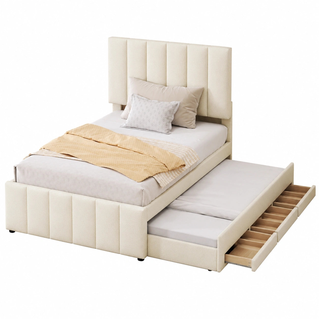 Lit simple avec tiroirs et lit gigogne, tissu beige
