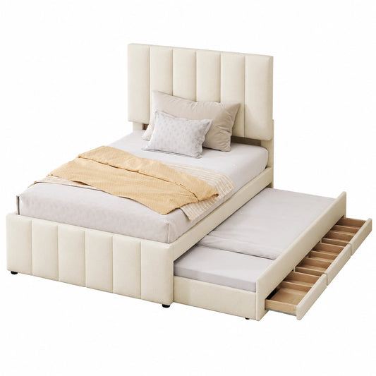 Lit simple avec tiroirs et lit gigogne, tissu beige