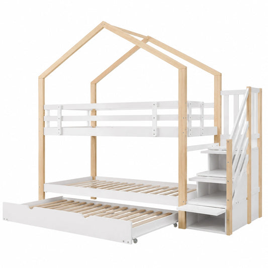 Lit surélevé pour enfants avec escaliers et tiroirs, structure robuste en bois