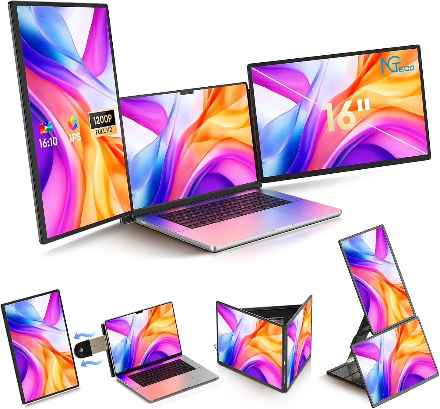 ¨¦cran Portatif NGTeco 16" Triple Moniteur IPS 1200p pour PC, Rotation 235¡ã, Compatible 13-17" avec Type-C/HDMI