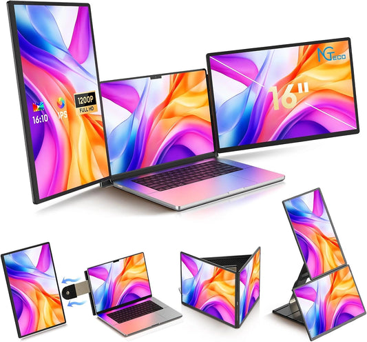 ¨¦cran Portatif NGTeco 16" Triple Moniteur IPS 1200p pour PC, Rotation 235¡ã, Compatible 13-17" avec Type-C/HDMI