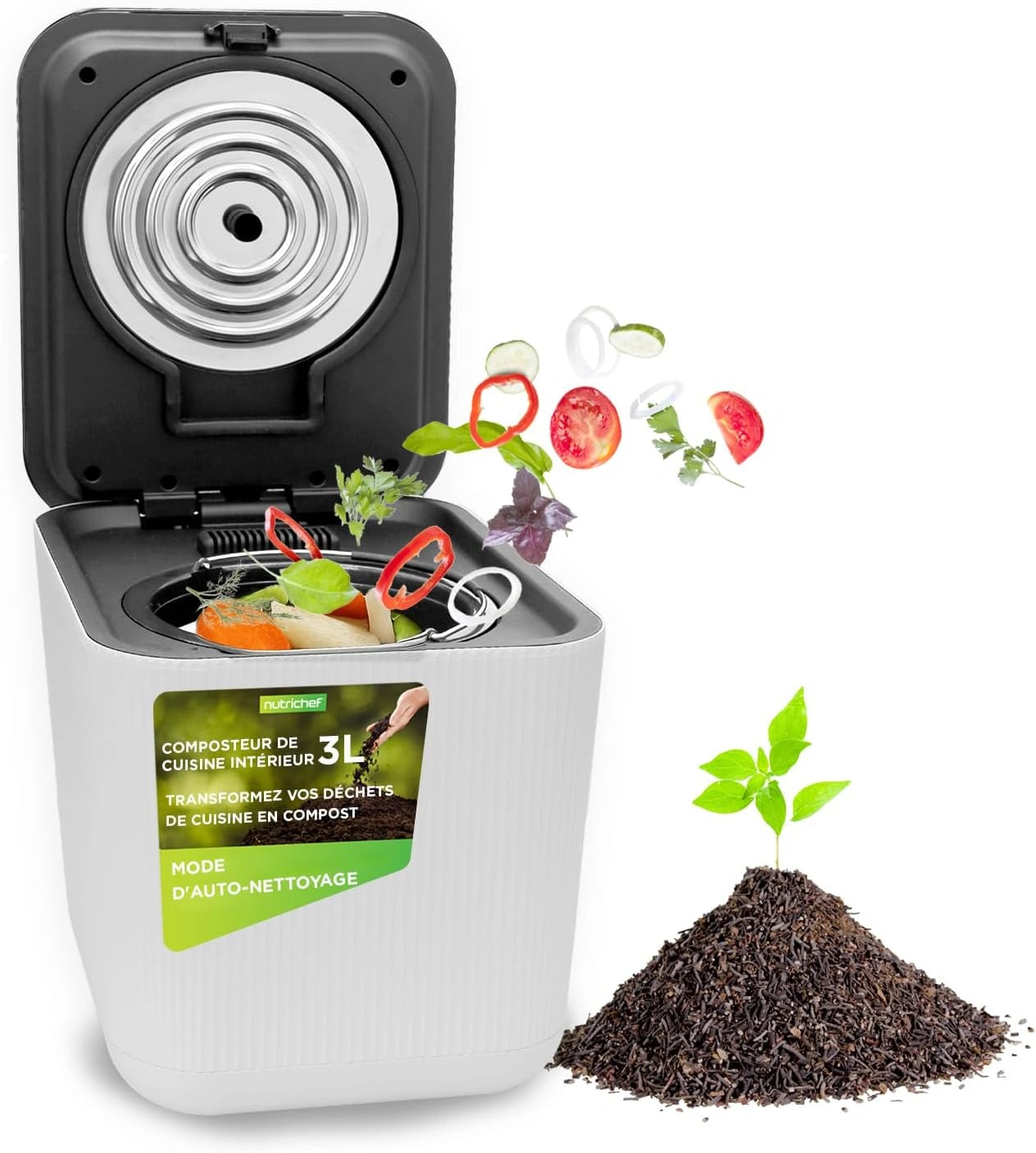 Composteur de Cuisine ¨¦lectrique 3L Nutrichef - Poubelle Automatique avec S¨¦chage, Broyage et Refroidissement - Anti-odeur, Blanc