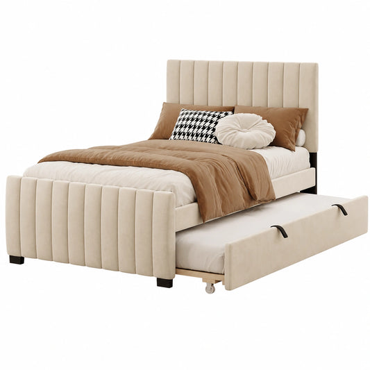Lit simple en velours avec lit gigogne et tête de lit en bois