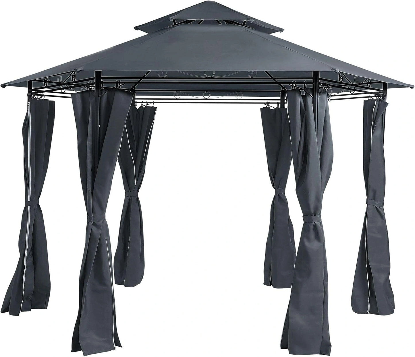 Pavillon de Jardin Hexagonal Gris en Acier avec Rideaux pour Ext¨¦rieur Moderne
