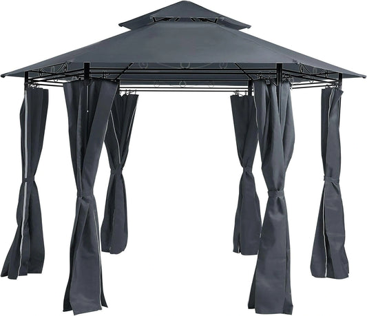 Pavillon de Jardin Hexagonal Gris en Acier avec Rideaux pour Ext¨¦rieur Moderne