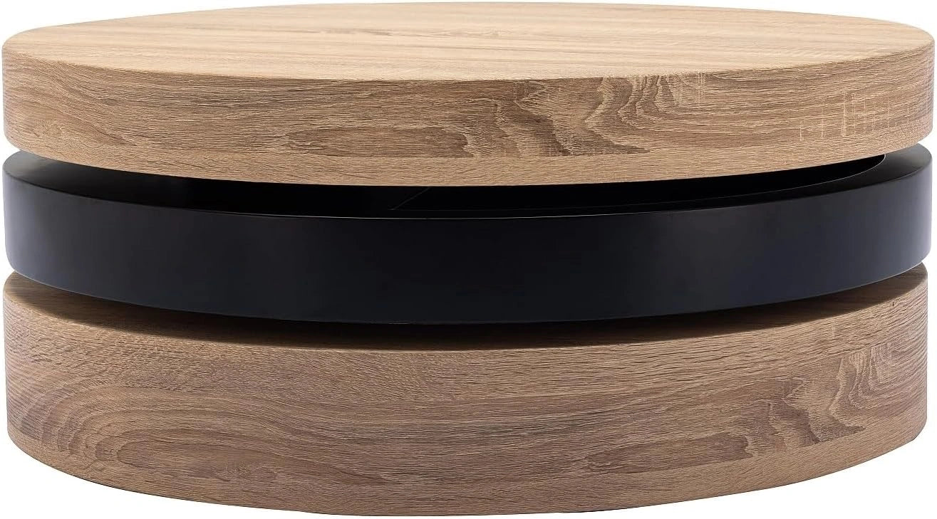 Table Basse Ronde Pivotante Janita en Bois et Noir avec Niche Int¨¦gr¨¦e