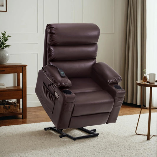 MCombo Fauteuil Relax Releveur ¨¦lectrique pour Seniors, Massage et Chaleur, Similicuir Marron avec Repose-pieds, Appuie-t¨ºte et Ports USB
