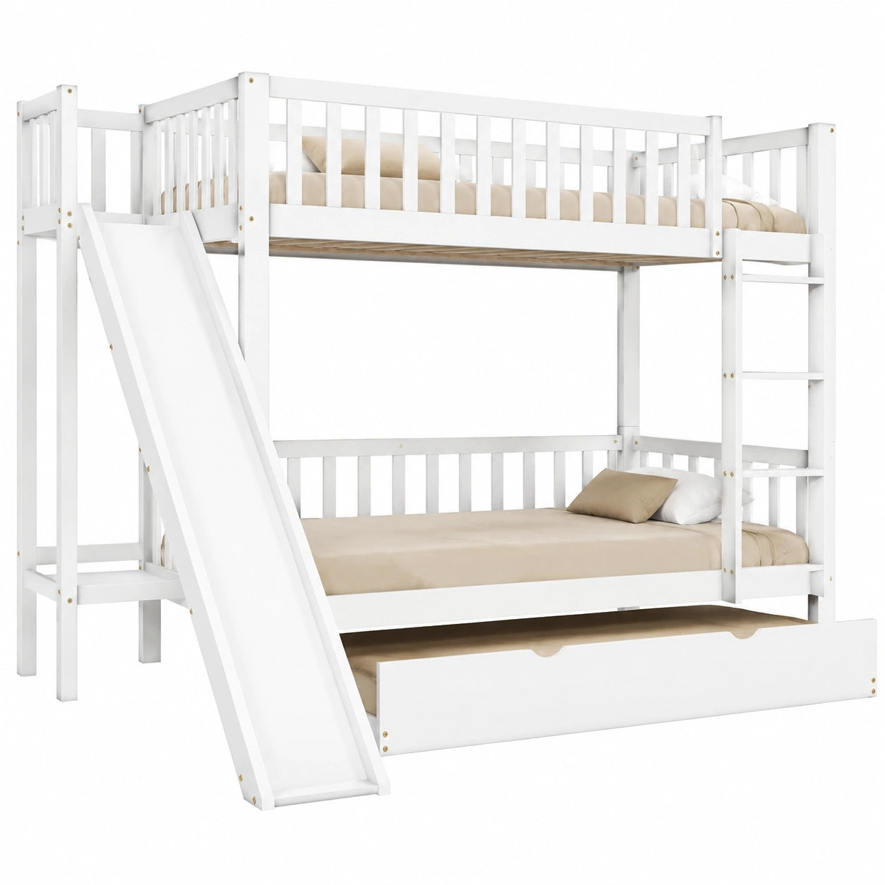 Lit superposé enfant avec toboggan et échelle, protection anti-chute, étagères intégrées, construction en bois, blanc, pour trois enfants