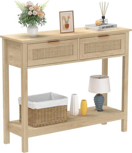 Table Console Boh¨¨me en Rotin avec Tiroirs, ¨¦tag¨¨re Ouverte pour Salon et Couloir