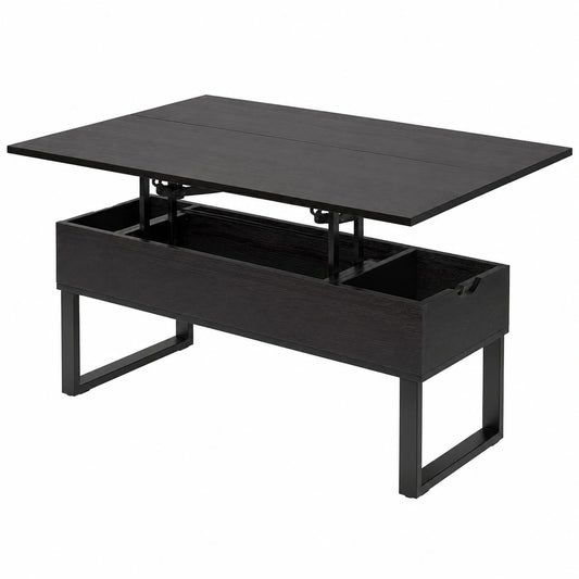 Table Basse Relevable Multifonctionnelle avec Rangement Caché, Noire Effet Bois