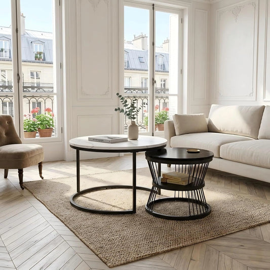 Ensemble de 2 Tables Basses Rondes en Marbre Design, avec Rangement, Cadre M¨¦tallique, pour Salon et Chambre (Noir et Blanc, 70x70x45,5 cm)