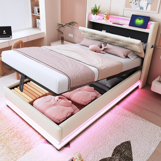 Lit Simple 90x200 avec Sommier LED, Rangement et T¨ºte R¨¦glable - Sans Matelas