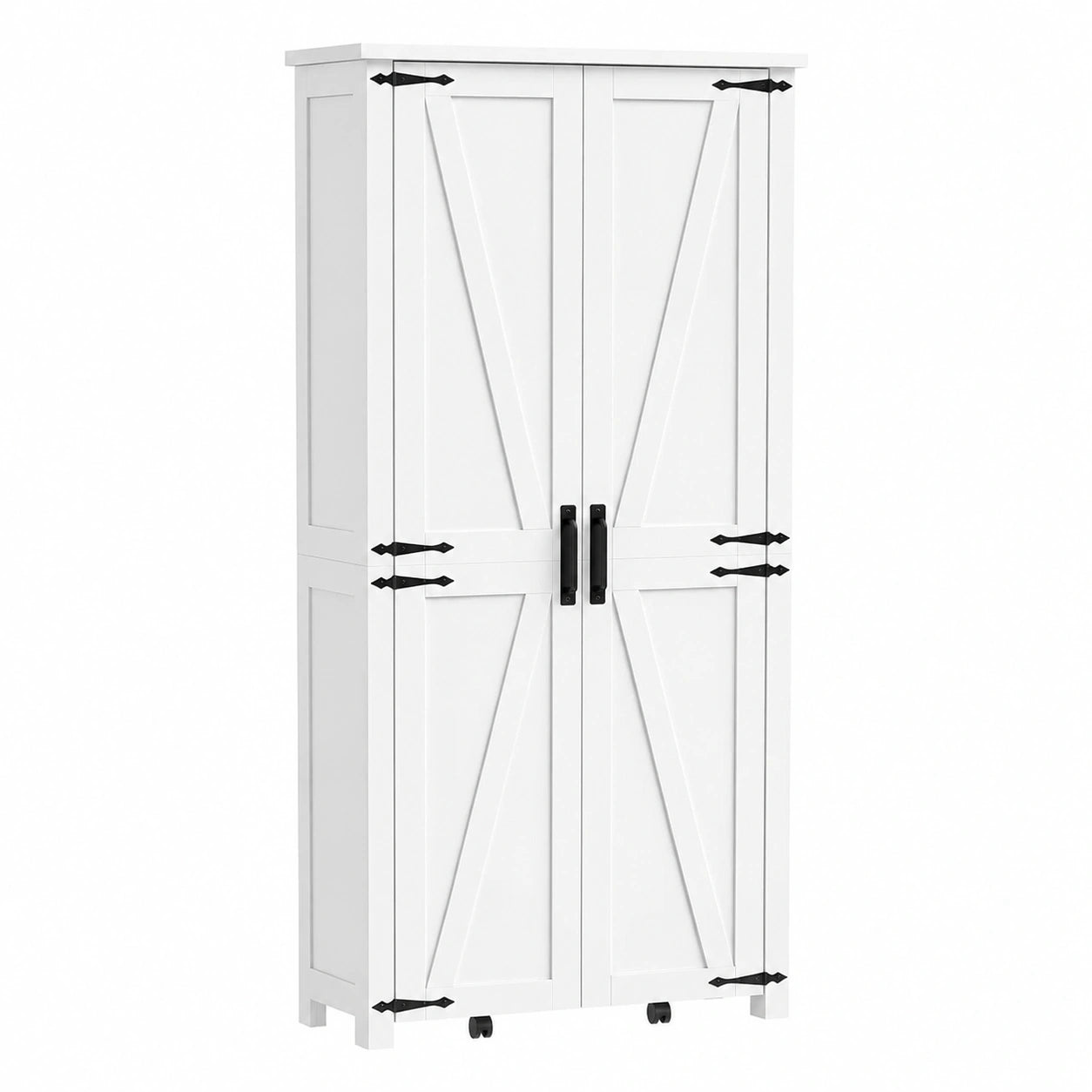 Buffet de Cuisine Rustique avec Roulettes et Étagères Réglables, Blanc