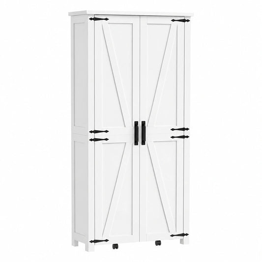 Buffet de Cuisine Rustique avec Roulettes et Étagères Réglables, Blanc