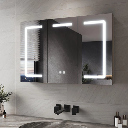 SIRHONA Armoire Miroir LED Salle de Bain, 90x60cm, 3 Portes, ¨¦clairage R¨¦glable, Stockage Moderne Brun Clair