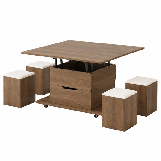 Table basse relevable en bois avec chaises cachées et rangement intégré