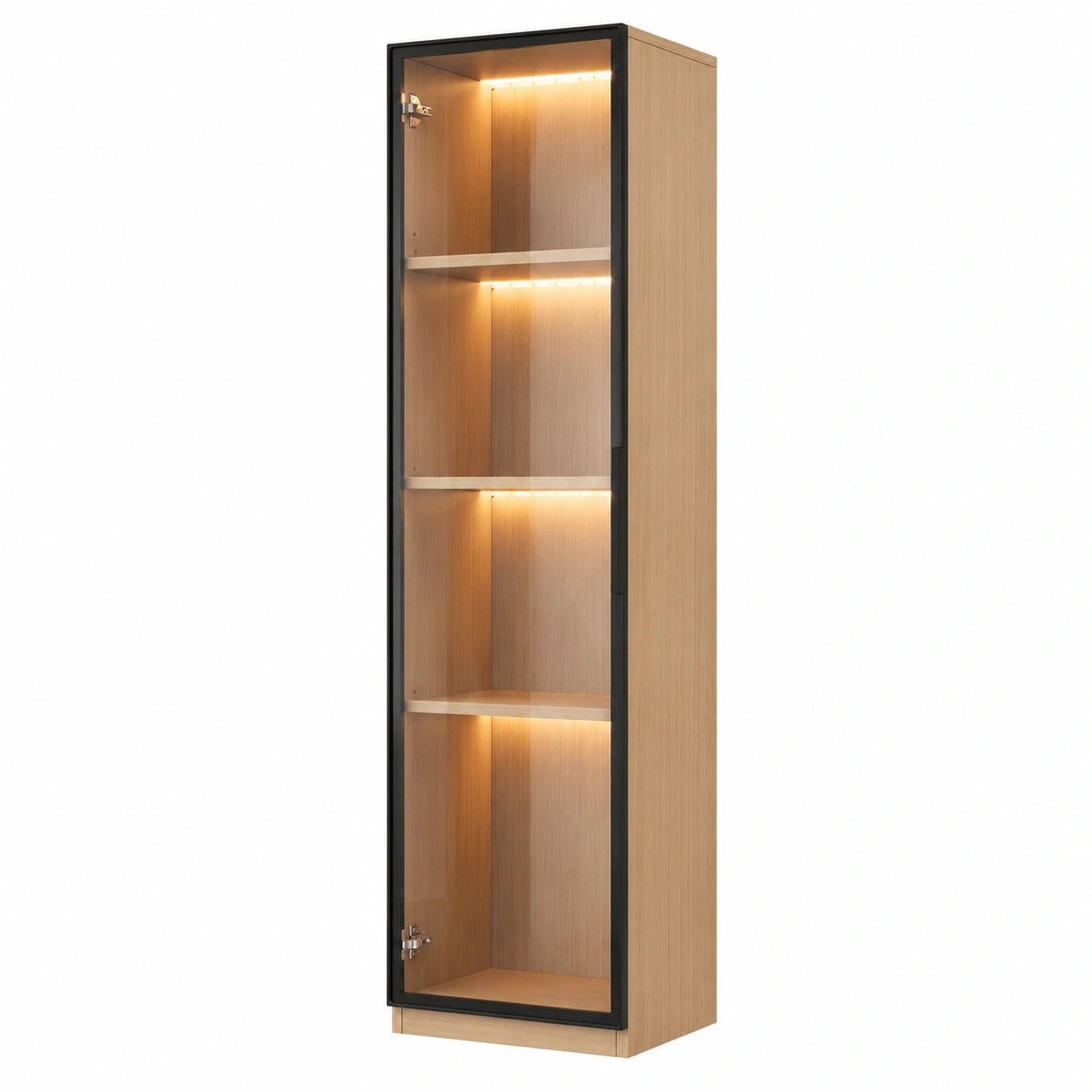 Armoire haute étroite en bois avec porte en verre et éclairage LED