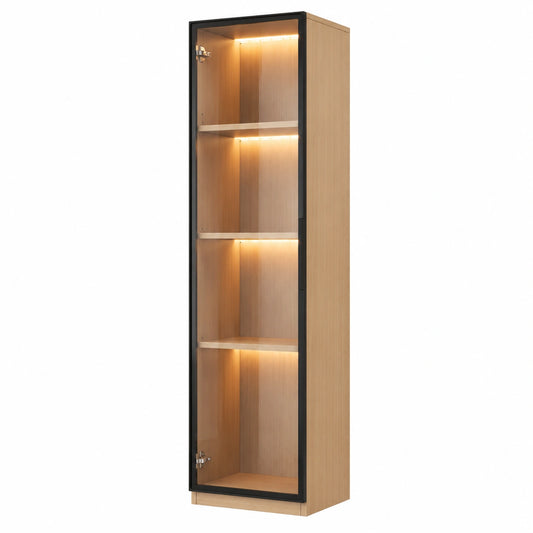 Armoire haute étroite en bois avec porte en verre et éclairage LED