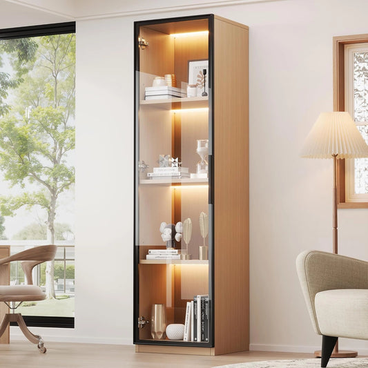 Vitrine ¨¦troite en Verre avec ¨¦clairage LED, Meuble Haut en Ch¨ºne pour Salon et Bureau