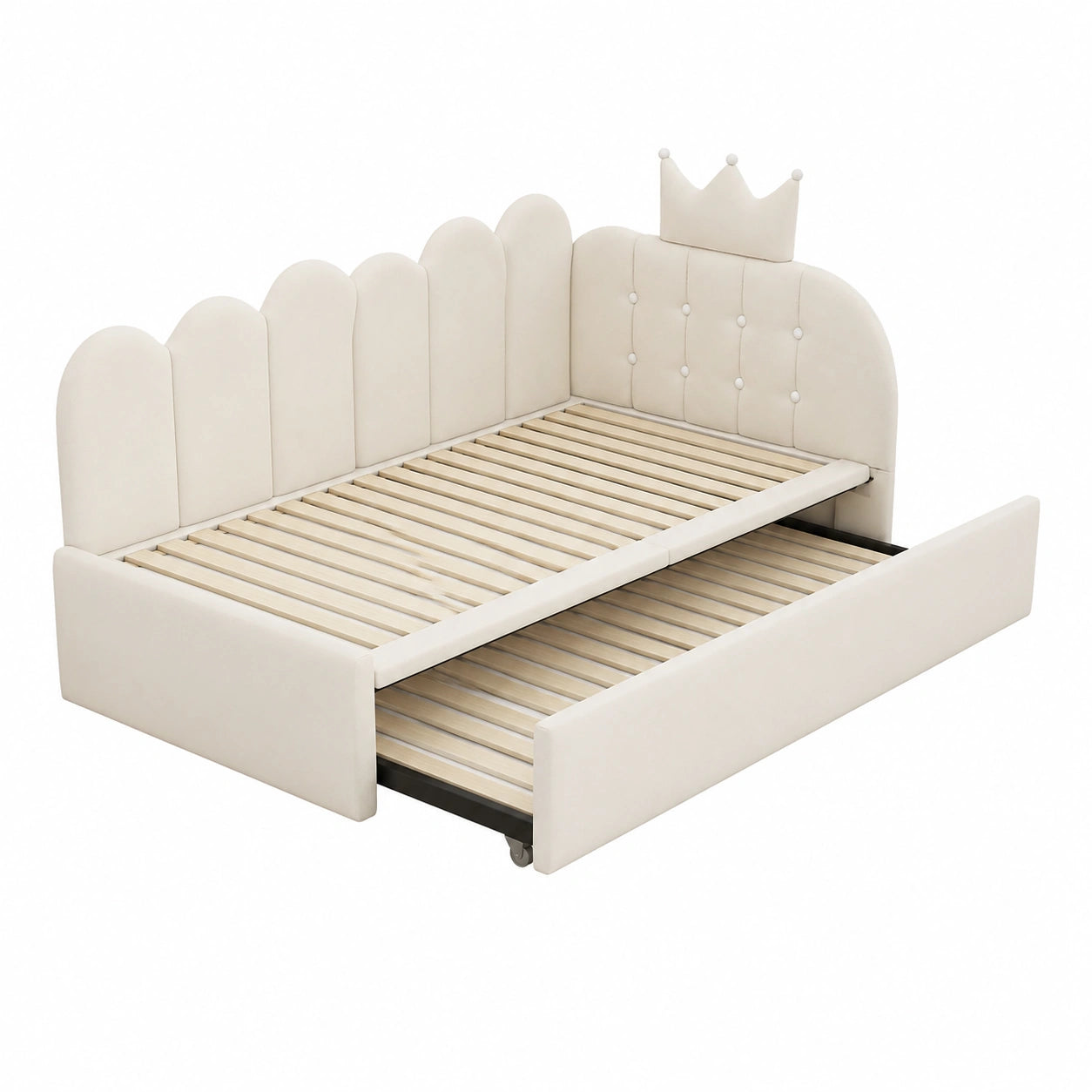 Lit Enfant 90x200 avec Lit Gigogne 90x190, Canapé en L pour Chambre d'Enfant et d'Amis, Velours Beige