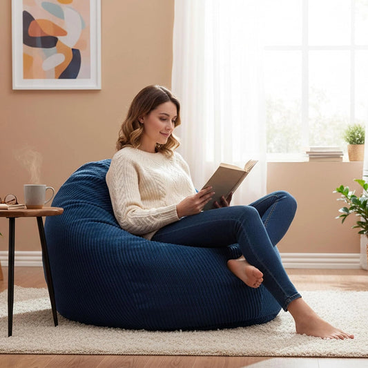 Pouf Poire D¨¦houssable Velours Bleu Marine avec Billes pour Salon