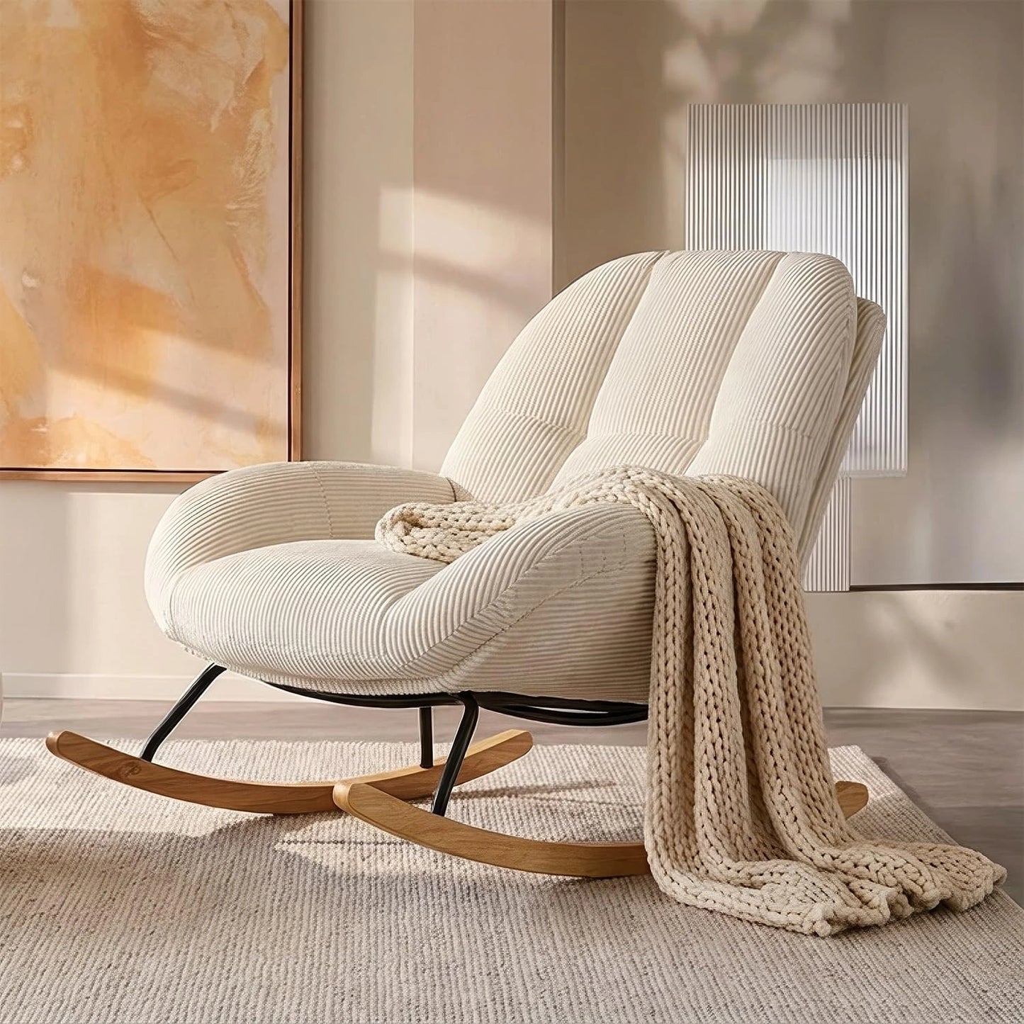 Fauteuil ¨¤ Bascule Scandinave en Velours Beige avec Pieds en Bois
