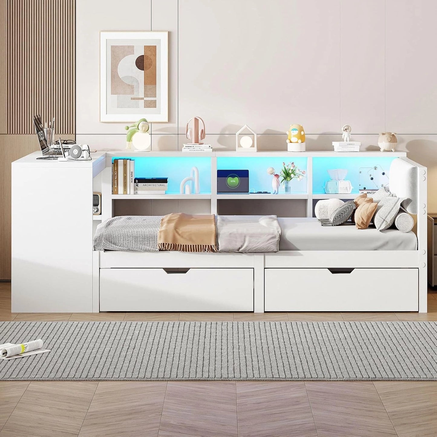 Lit Complet 90x200cm avec Bureau, Rangement et ¨¦clairage LED pour Tous ?ges
