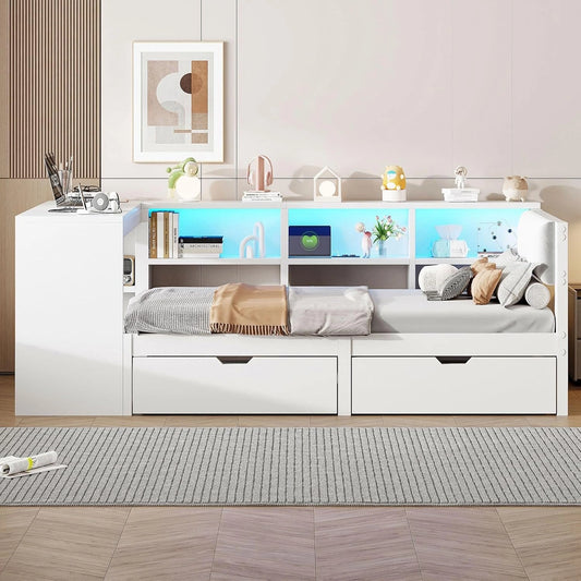 Lit Complet 90x200cm avec Bureau, Rangement et ¨¦clairage LED pour Tous ?ges