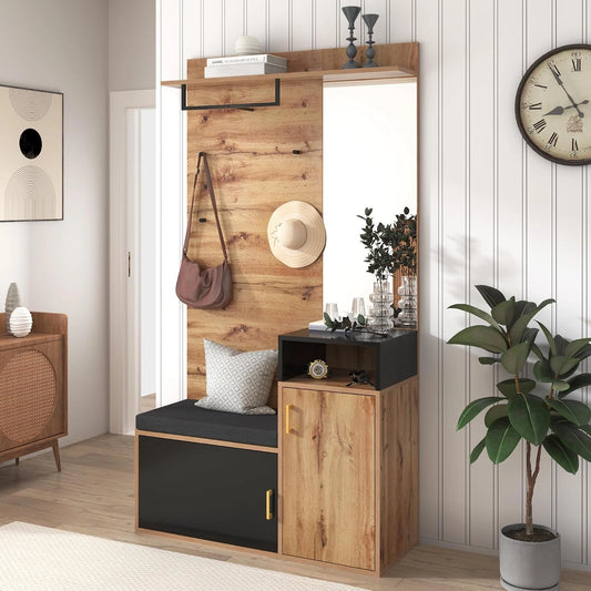 Armoire d'Entr¨¦e avec Miroir et Banc, Rangement ¨¤ Chaussures, 105 x 38,5 x 190,5 cm, Bois Naturel