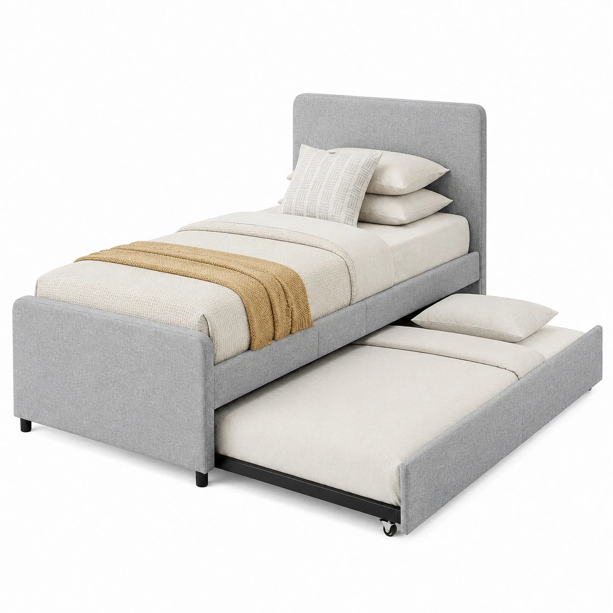Lit gigogne simple/double avec cadre et sommier à lattes en bois, tissu rembourré en lin, charge 400 kg, gris clair