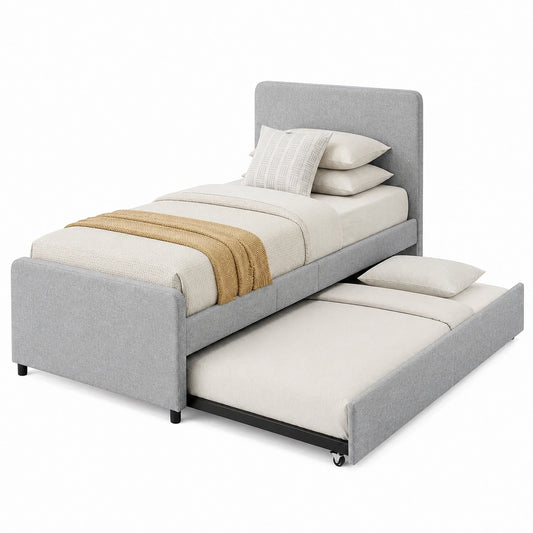Lit gigogne simple/double avec cadre et sommier à lattes en bois, tissu rembourré en lin, charge 400 kg, gris clair