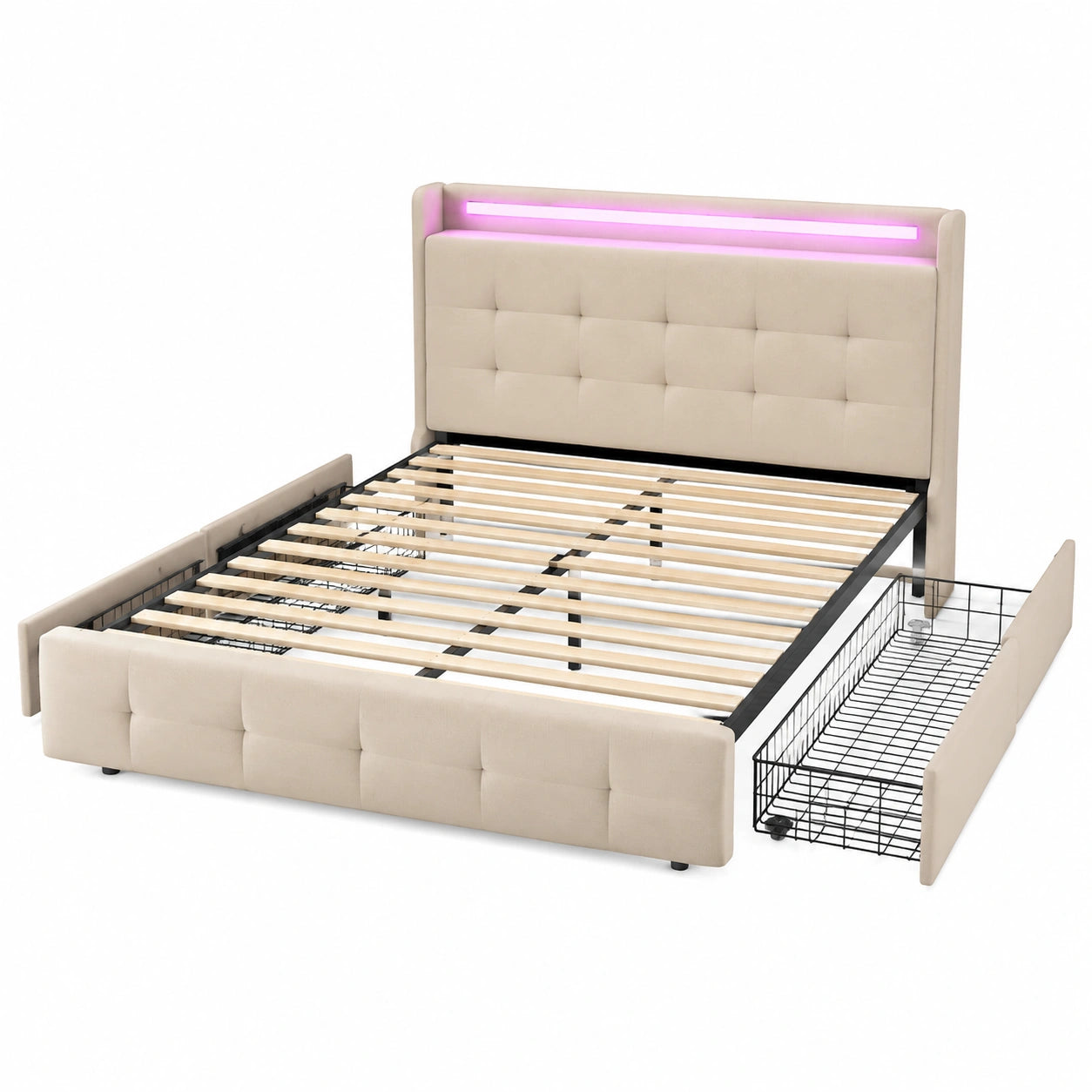 Lit double gigogne avec éclairage LED et tiroirs, cadre de rangement en bois