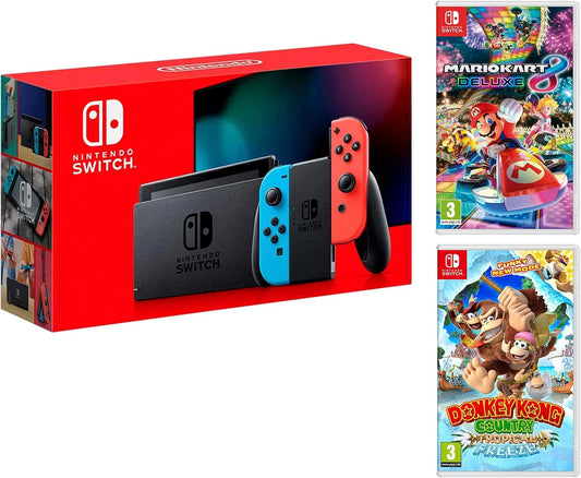 Console Nintendo Switch 32Go Rouge/Bleu N¨¦on + Mario Kart 8 Deluxe + Donkey Kong: Tropical Freeze