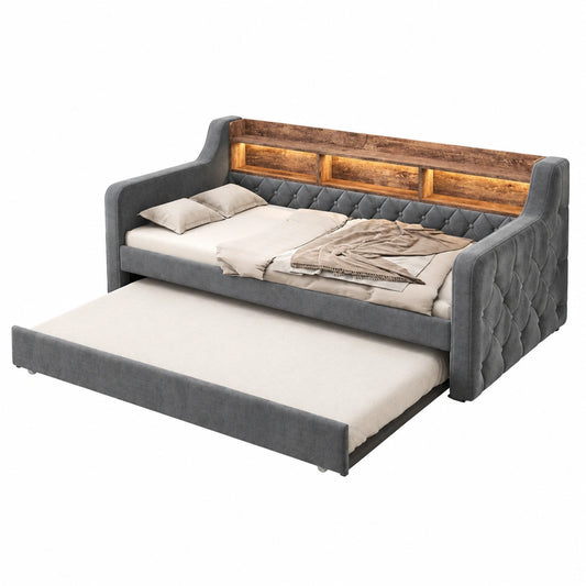 Lit Gigogne 90x190 cm avec Cadre en Métal et Velours