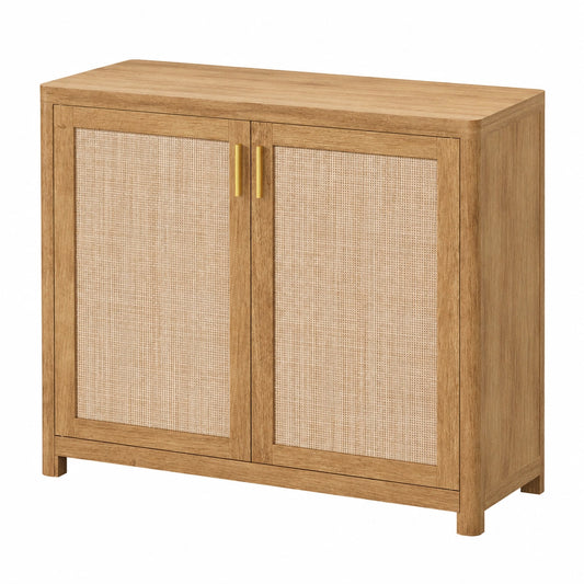 Buffet Bohème avec Portes Canne Rotin et Étagère Ajustable