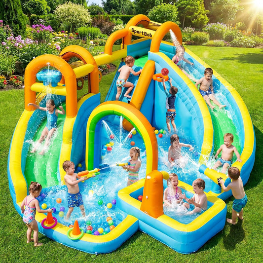 Aire de Jeux Gonflable avec Doubles Toboggans et Piscine ¨¦claboussante pour Enfants